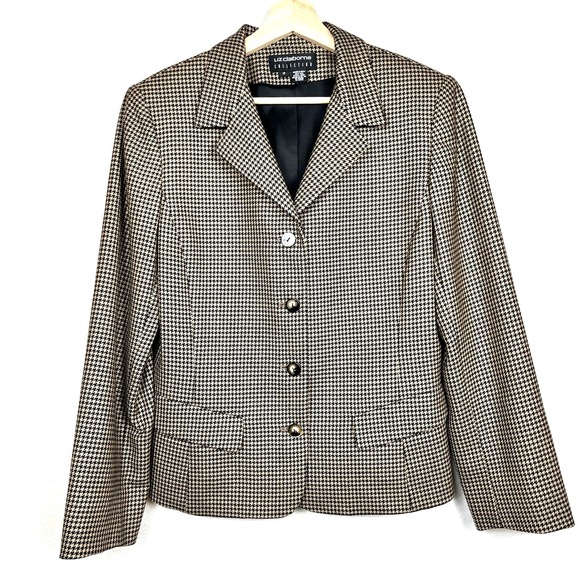 Liz Claiborne Jackets & Blazers - VTG Y2K Liz Claiborne Tan Black Houndstooth Wool Blazer Sz 12 Academia Business